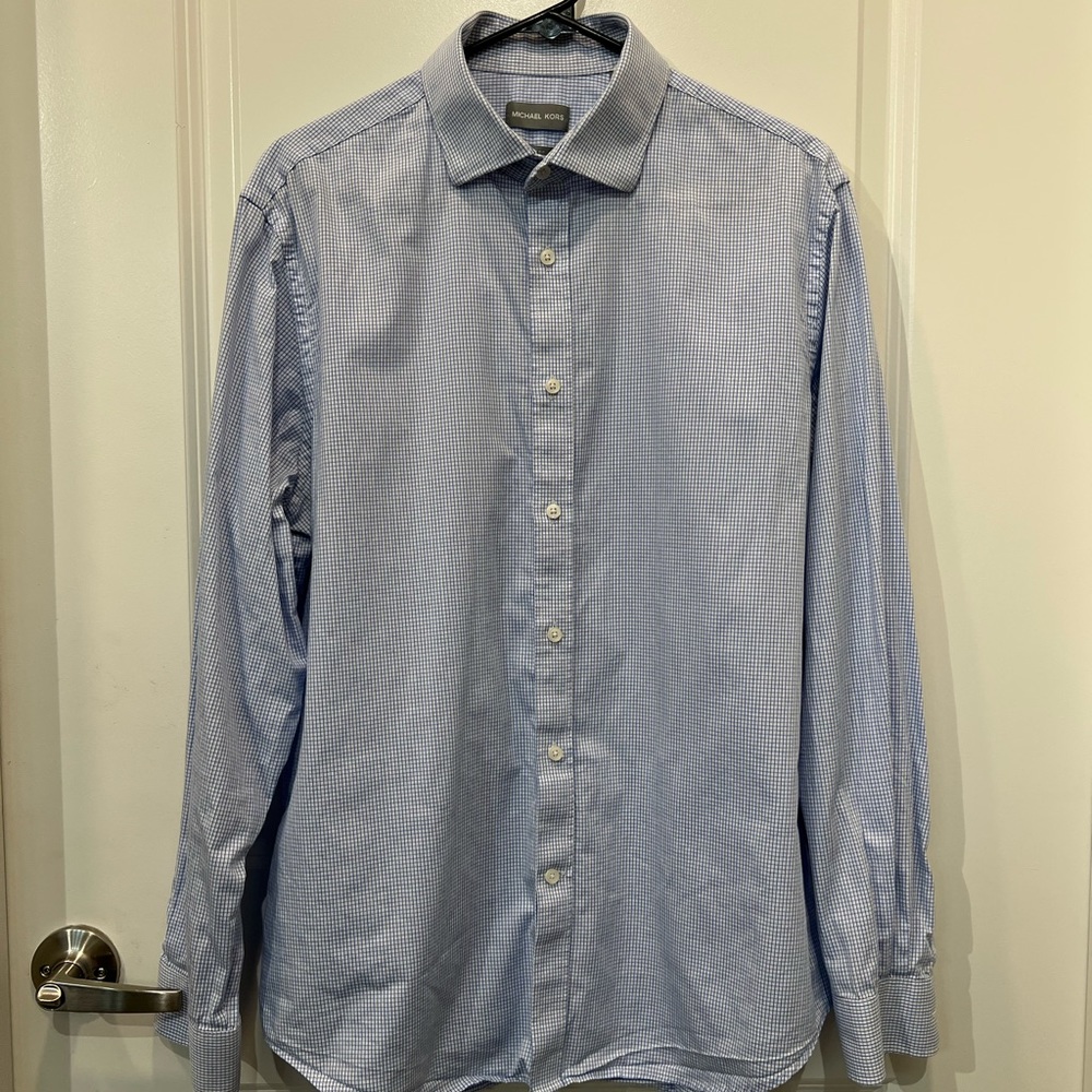 Michael Kors Slim Fit Dress Shirt, Tight Blue Check Pattern, 17-34/35 - Picture 7 of 9